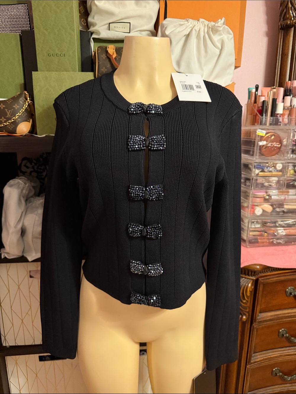Endless Rose Black Ribbed Knit Blazer with Beaded Bow Closures